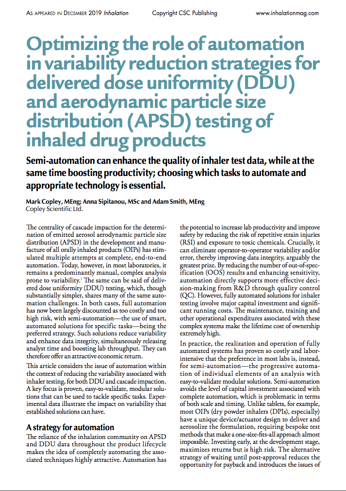 Optimizing the Role of Automation in Variability Reduction Strategies For Delivered Dose Uniformity (DDU) and Aerodynamic Particle Size Distribution (APSD) Testing of Inhaled Drug Products