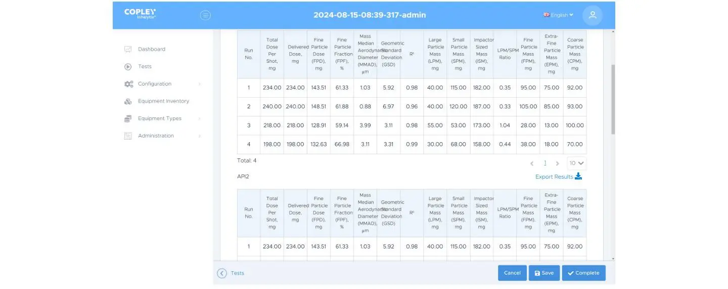 Simply ‘Add ingredient’ to define a test method for multiple actives (left), Inhalytix will then report the metrics of interest for each individual drug (right).
