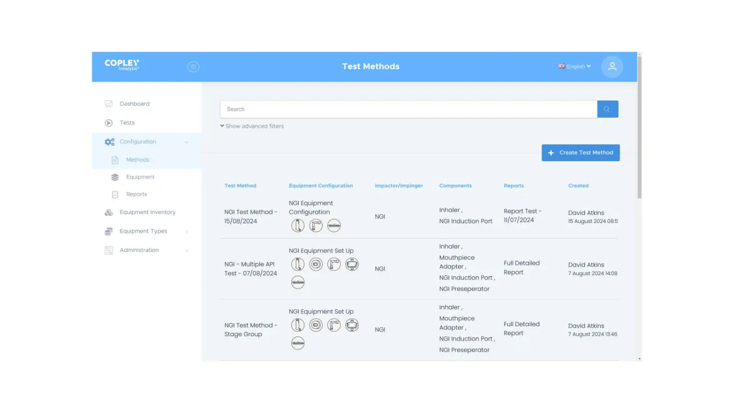 Linking test equipment with specific test methods within Inhalytix helps to safeguard rigorous consistency in testing practice.