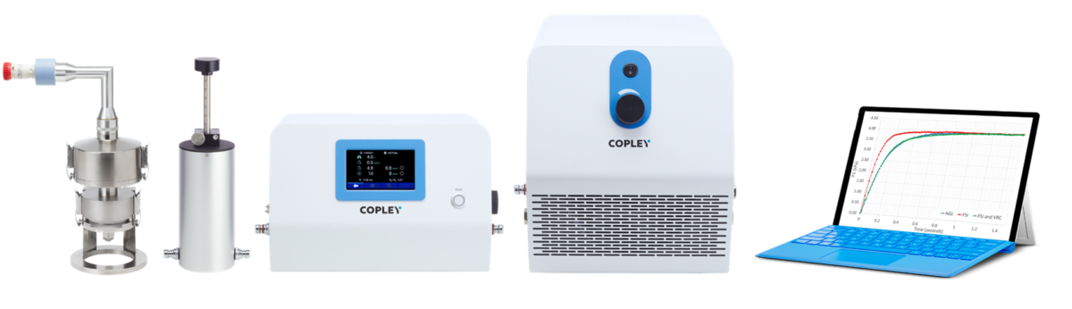 Volume and Resistance Compensator VRC system image (in-line with Fast Screening Impactor FSI, Critical Flow Controller TPK 100i, High Capacity Pump HCP6 and Laptop showing rise-time profile)