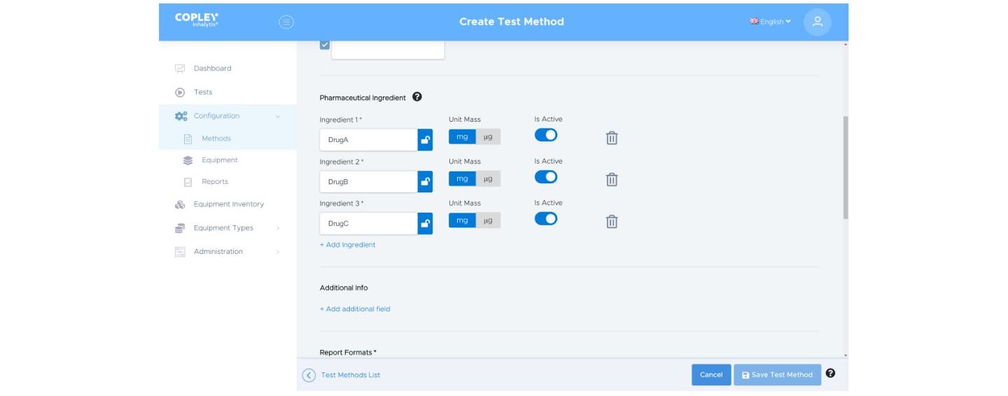 Simply ‘Add ingredient’ to define a test method for multiple actives (left), Inhalytix will then report the metrics of interest for each individual drug (right).