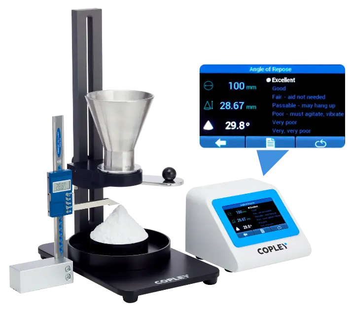 The Powder Testing Workstation and Powder Testing Assistant being used to measure the Angle of Repose of a powder